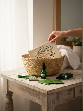 Green Botanical "Live Happy" waterproof Pouch with self care beauty products new